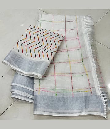BAYUPRI Cotton Blend Checks Saree With Unstitched Blouse Piece ( White,Multicolor )