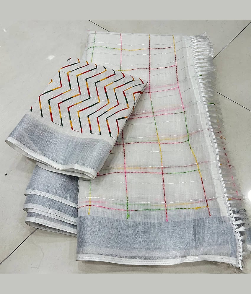BAYUPRI Cotton Blend Checks Saree With Unstitched Blouse Piece ( White,Multicolor )