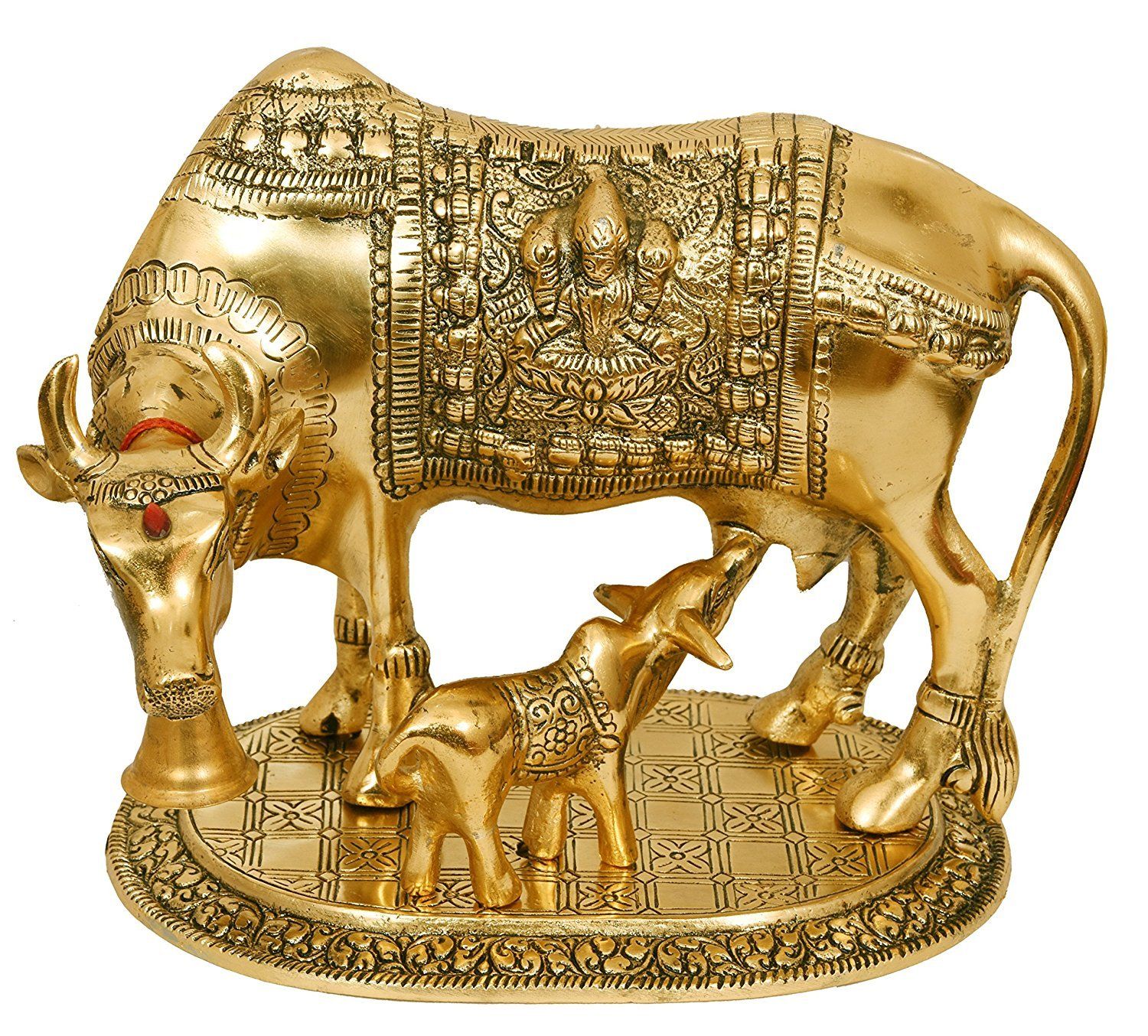 DreamKraft Metal Gold Elegant Kamdhenu cow and calf statue For Home Decor and Gift