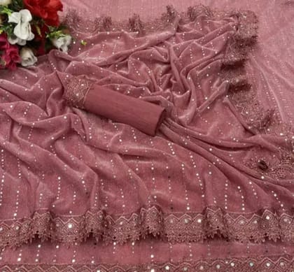 Charming Rose Pink Designer Net Saree with Sequins and Lace Border