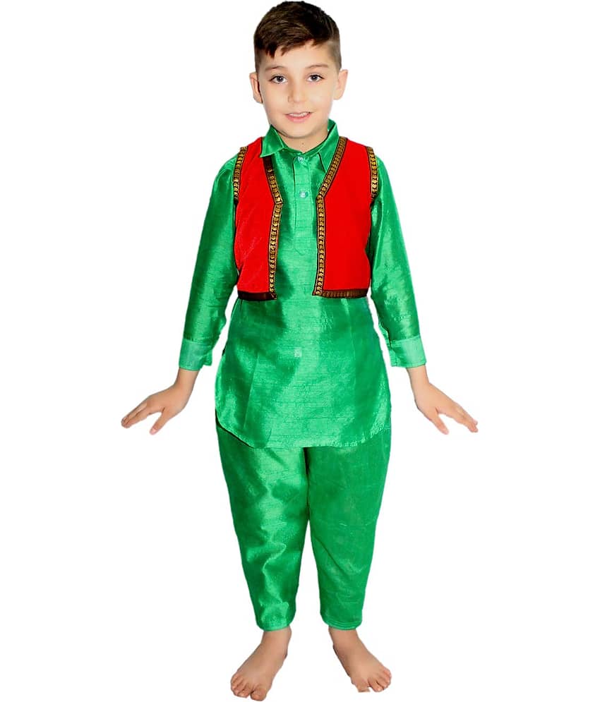 Kaku Fancy Dresses Indian State Kashmiri Dance Costume for Kids/ Pathani Suit for Boy-Green & Red, 7-8 Years