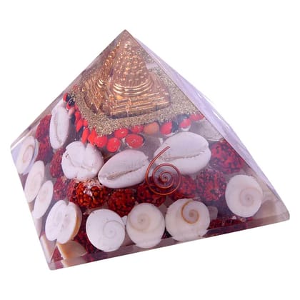Gomti Chakra Ruraksh Shree Yantra Orgone Pyramid with Red & White Chirmi Seeds for Wealth, Prosperity, Success(KI_103)  by Krishna Impex