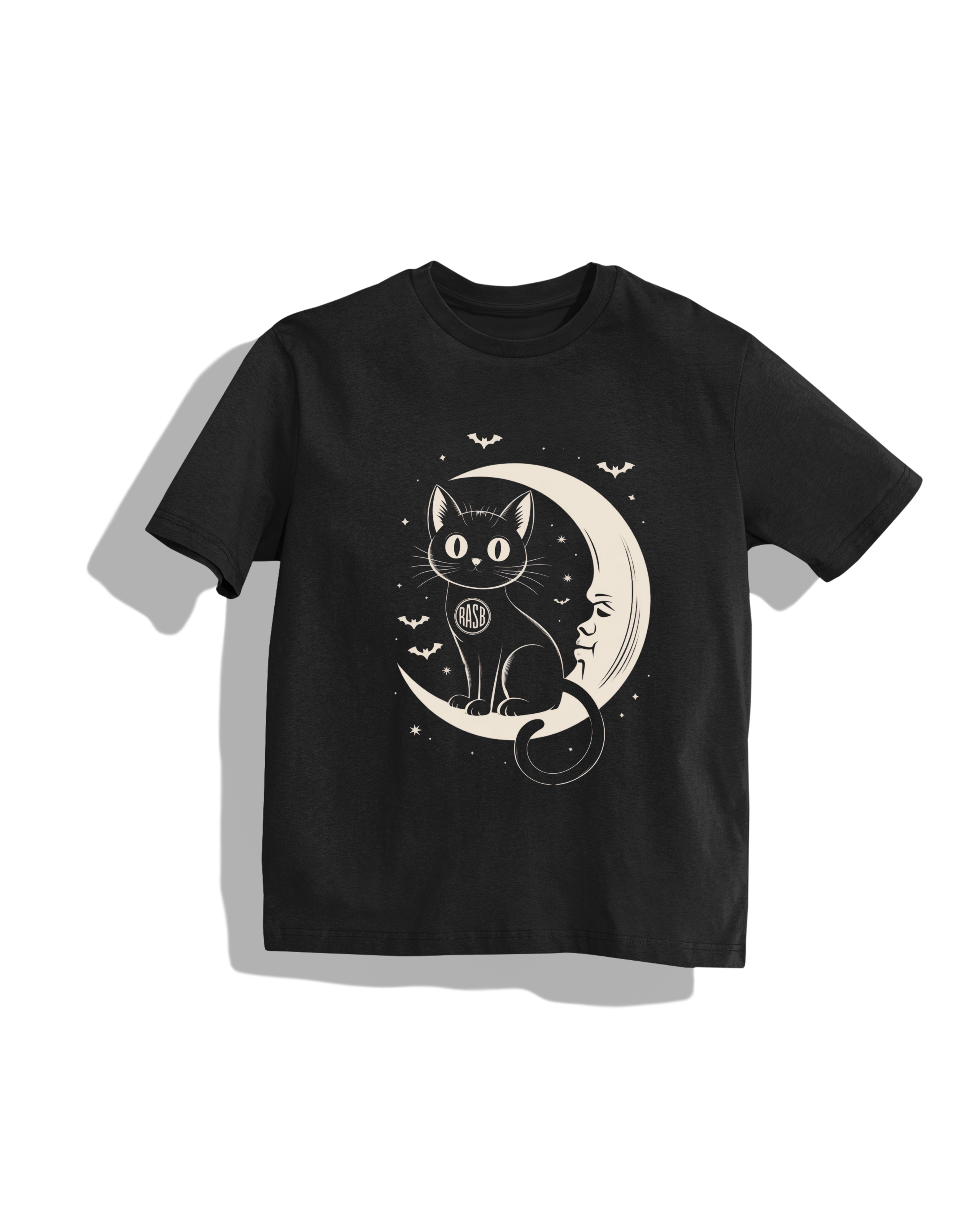 RASB Cat T-Shirt- Round Neck Drop Shoulder Graphic Printed Oversized Cotton T-shirt-Black / S
