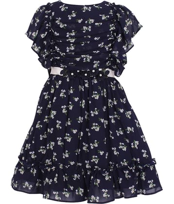 Cutecumber Georgette Fit And Flare Dress For Girls ( Pack of 1 , Navy )