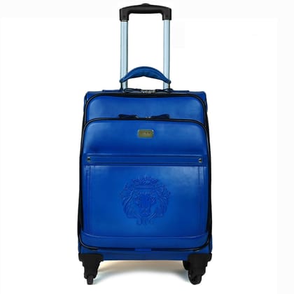 Sky Blue Leather Diamond Stitched Quad Wheel Trolley Bag With Embossed Lion Logo By Brune & Bareskin-FS