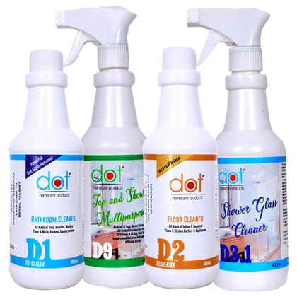 DOT Bathroom Tiles Descaler, Tap Shower Mirror, Kitchen Surface SS Sink, Floor, Heavy Oil Stain Remover Degreaser, Shower Glass Cubicle Cleaner 400ml each (Combo Pack) DOT Bathroom Tiles Descaler, Tap Shower Mirror, Kitchen Surface SS Sink, Floor, Heavy Oil Stain Remover Degreaser, Shower Glass Cubicle Cleaner 400ml each (Combo Pack)