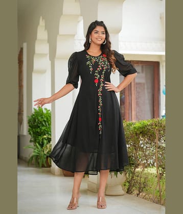 Yash Gallery Women Georgette Printed Fit & Flare Dress ( Black )