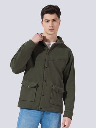 Solid Pocket Olive Full Sleeve Shacket-S / Olive