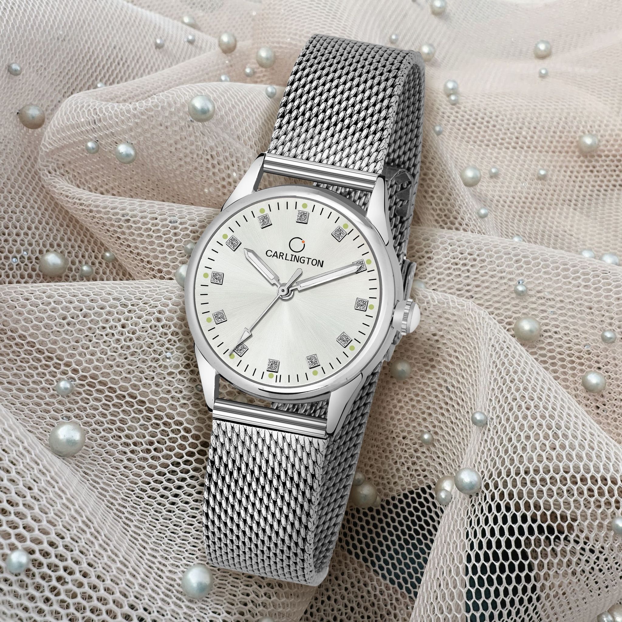 Carlington Elite Ladies Self Adjustable Mesh Strap Water Resistant Analog Watch - For Women CT2003 Silver