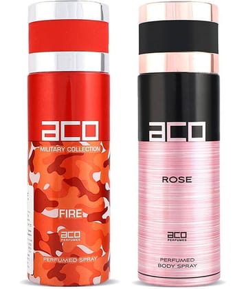 Aco Set of 2 Deodorant Body Spray, Fire For Men & Rose For Women, 200ml Each