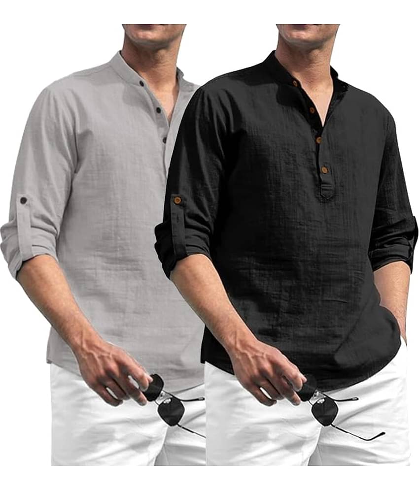 Yugnik Grey Cotton Men's Shirt Style Kurta ( Pack of 2 )