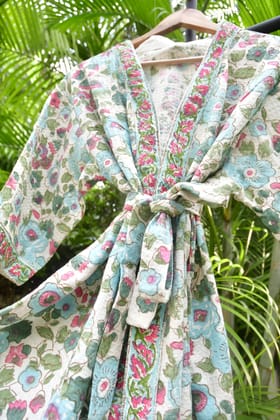 Floral Joy HandBlock Waffle cotton Bathrobe