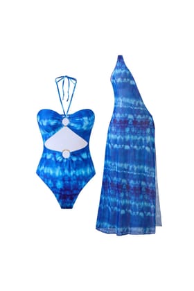 Blue Printed Swimwear With Cape-S-M