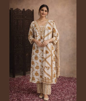 Aarika Women Cotton Printed Straight Kurti With Pants ( White )