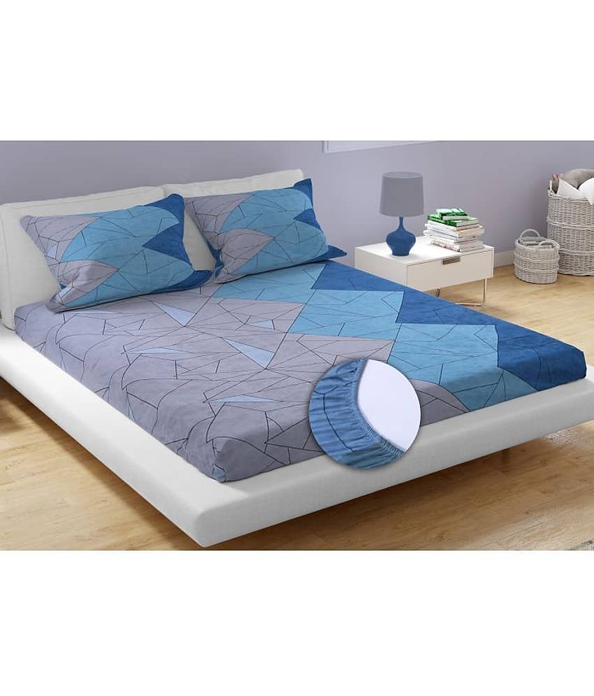 HomeCrafts Polyester 1 Queen Fitted Bedsheet with 2 Pillow Covers ( 228 cm x 216 cm ) , Blue
