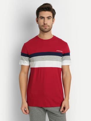 Mens Premium Cotton Colourblock Printed Half Sleeve Crew Neck T-Shirts-M / Red