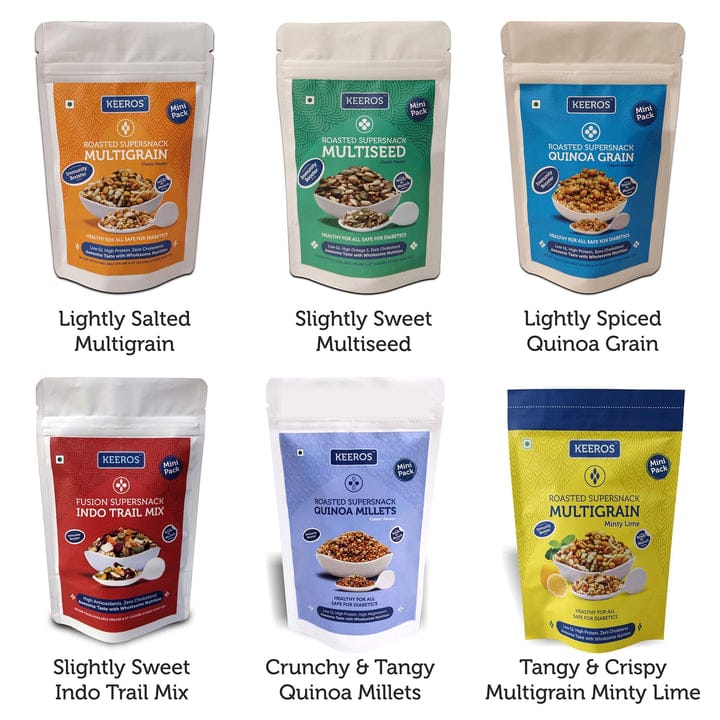 Keeros Healthy & Diabetic Friendly Super Snacks - Lightly Salted & Spiced, Tangy & Crunch, Tasty & Nutritious - Combo of 6 Varieties x 3 Small Packs of Each