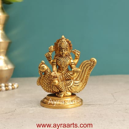 Brass Idol Hindu Goddess Gayatri Mata Devi Sitting on Swan Savitri Mother of Vedas for Puja Mandir Temple - 4.5 inch height Brass Idol Hindu Goddess Gayatri Mata Devi Sitting on Swan Savitri Mother of Vedas for Puja Mandir Temple - 4.5 inch height