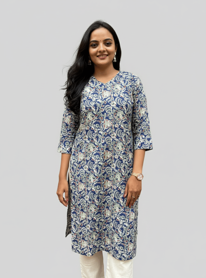 Rivaaj Ethnic Gayatri Straight Kurta (Size M) | Blue Pure Cotton Fabric | V-Neck with 3/4 Sleeves | Casual & Office Ethnic Wear