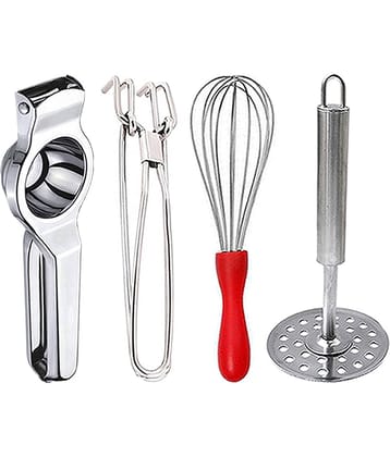 OC9 Silver Stainless Steel Lemon Squeezer+Pakkad+Whisk+Potato Masher ( Set of 4 )