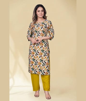 KAHARA Women Crepe Printed A-line Kurti With Pants ( Brown )