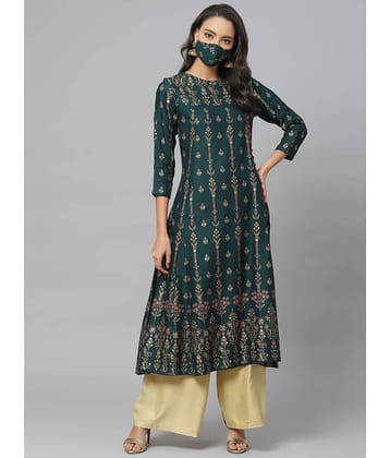 Yash Gallery Pack of 1 Rayon Printed Flared Women's Kurti - ( Green )