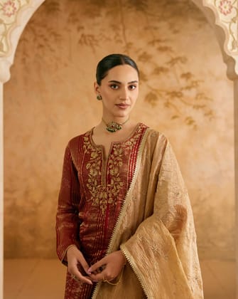 Ruby Zari Pure Stripe Tissue Kurta with Narrow Pants and Dupatta - Set of 3-XXS / XXS