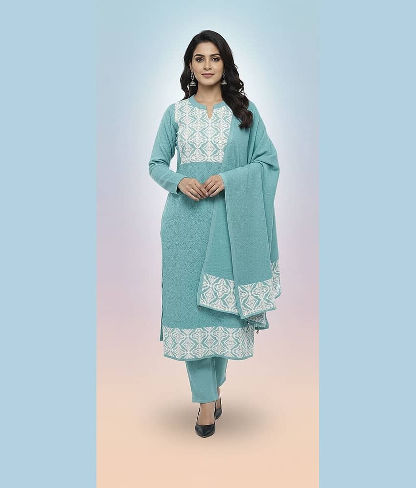 WOOL'S KART Women Woollen Printed A-line Kurti With Palazzo ( Blue )