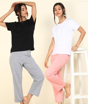 Women T-shirt & Pyjama Set Pure Soft Cotton - Combo Set-S / Black & Grey White & Pink