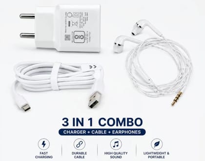Mobile Accessory Combo Featuring a White Original Charger, Usb to Type-c Cable & Wired Earphones  Best Android Combo