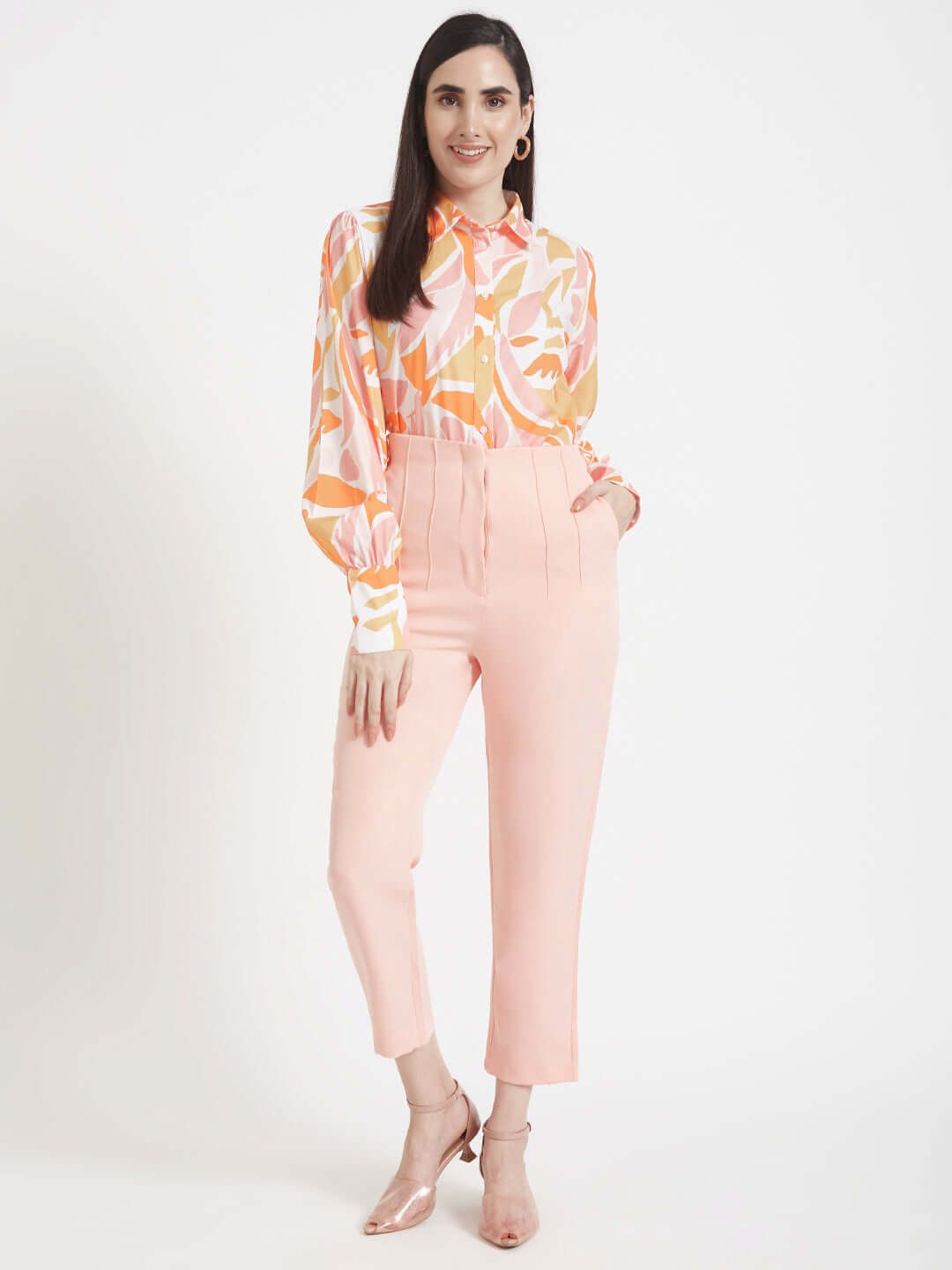 Premium American Crepe Digital Print Puff Sleeve Shirt With Baby Pink Pleated Fit Trouser-M / 28