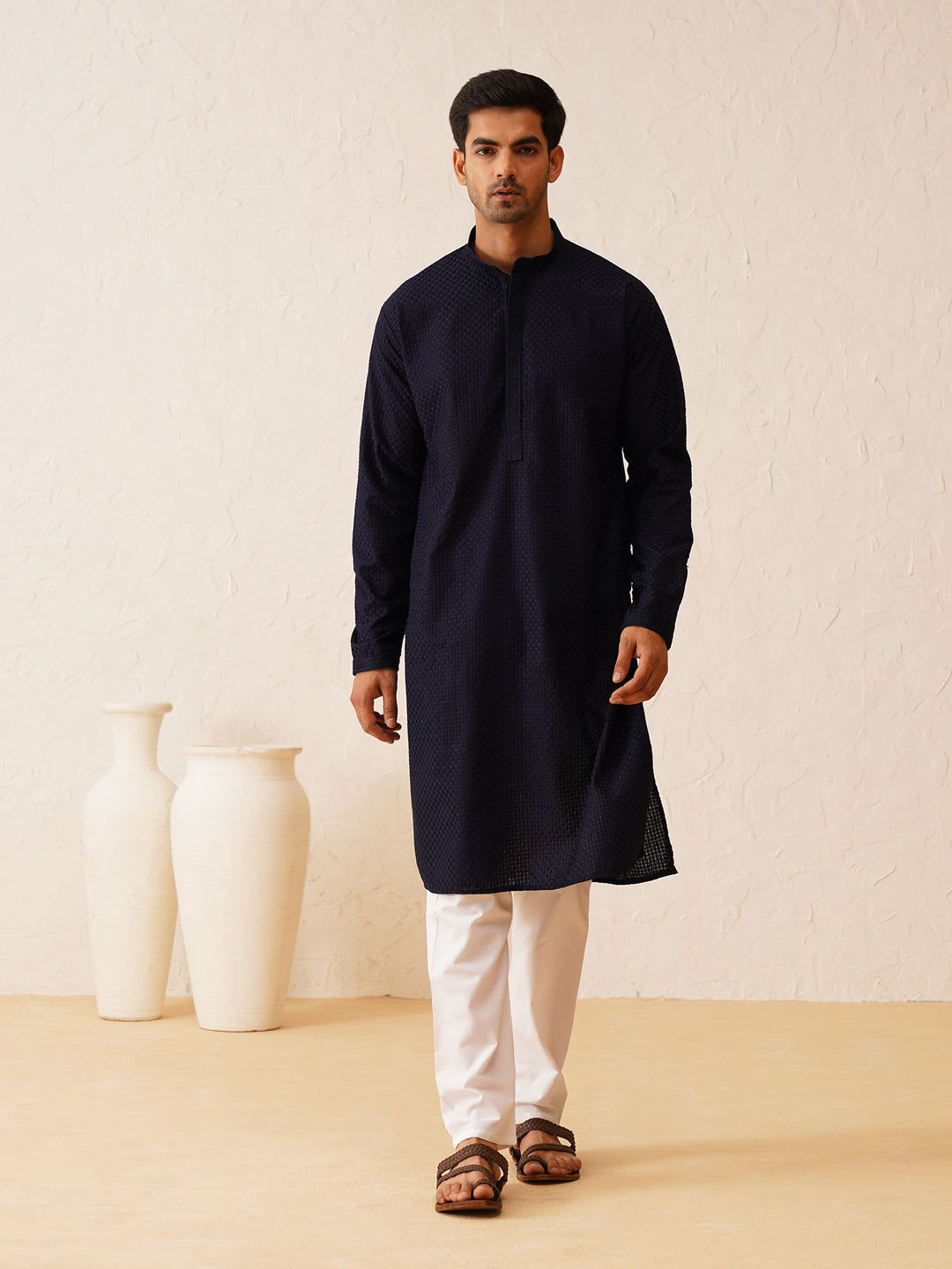 Men's Geometric Embroidered Thread Work Cotton Straight Navy Blue Kurta With white churidar-36