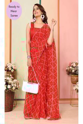 DrapePop 1 Minute Ready To Wear Tomato Red Digital Printed Georgette Saree