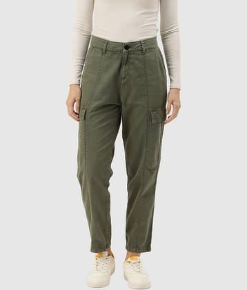 Women Olive Green Regular Fit Paneled Solid Cargo Trousers