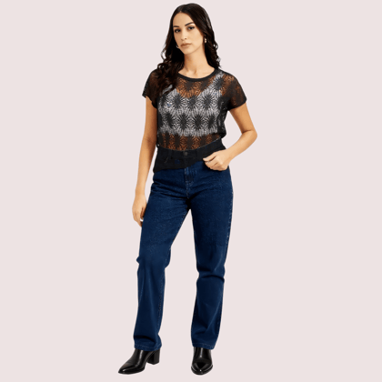 Stylish Black Sheer Floral Lace Top for Women