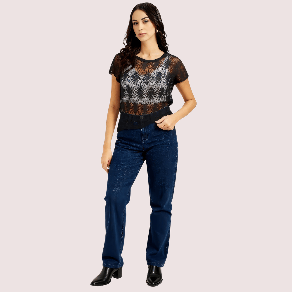 Stylish Black Sheer Floral Lace Top for Women