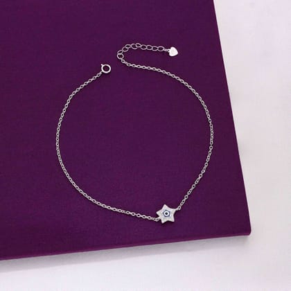 Minimalistic Star Evil Eye Silver Anklet-White Stone / Silver