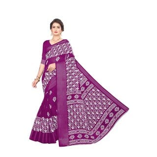 Wine Colour Ethnic Modif Printed Cotton Saree With Blouse Piece
