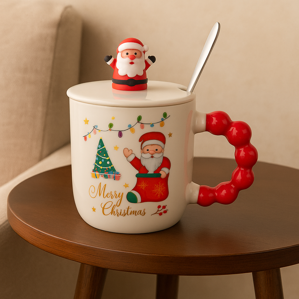 Christmas Ceramic Mug with Lid & Spoon | 350 ML Santa Mug with Red Handle | Merry Christmas Gift Cup for Coffee