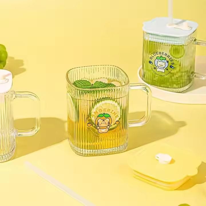 Drinking Glasses 400 ML Coffee Mugs with Handle Lid and Straw Tumbler Travel Sipper Cup for Milk Juice Cocktail Iced Tea Hot Cold Drink Kids Cup (Set of 1) Multi-Colour