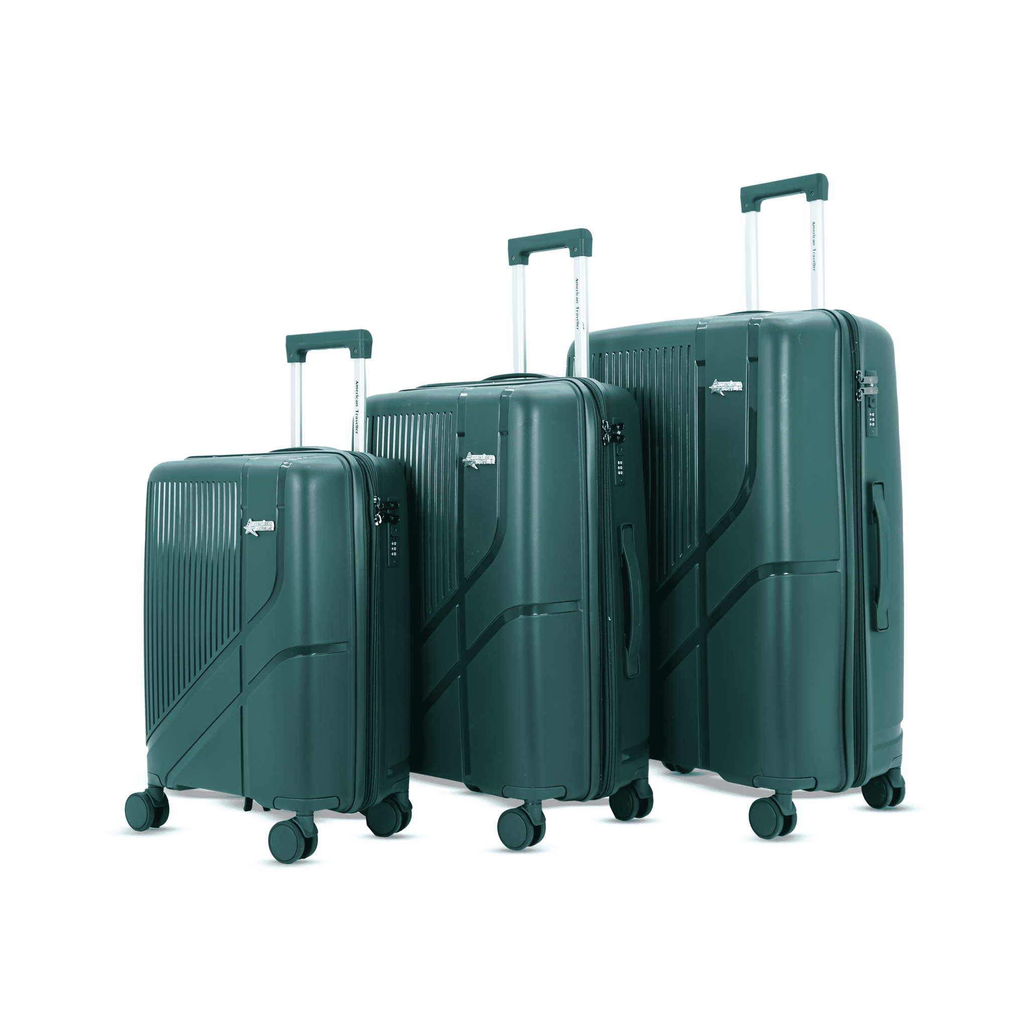 American Traveller TourisPoineer Trolley Bags Set of 3 Large Polypropylene Hardshell Expandable Travel Luggage Bag with 8 Disc Wheels & TSA Type Lock. (3, Dark Green)