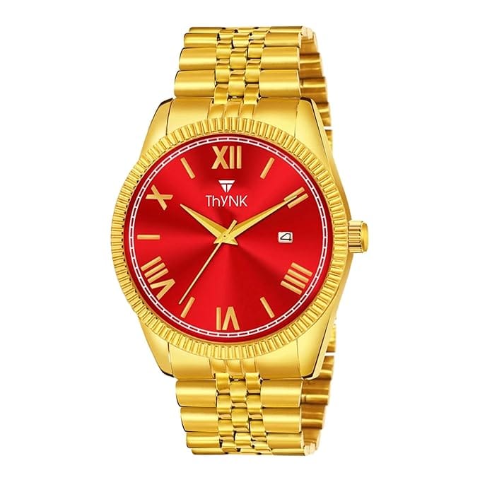 Thynk Golden Strap with Date Display Analog Watch ? Round Red Dial with Luxury Finish
