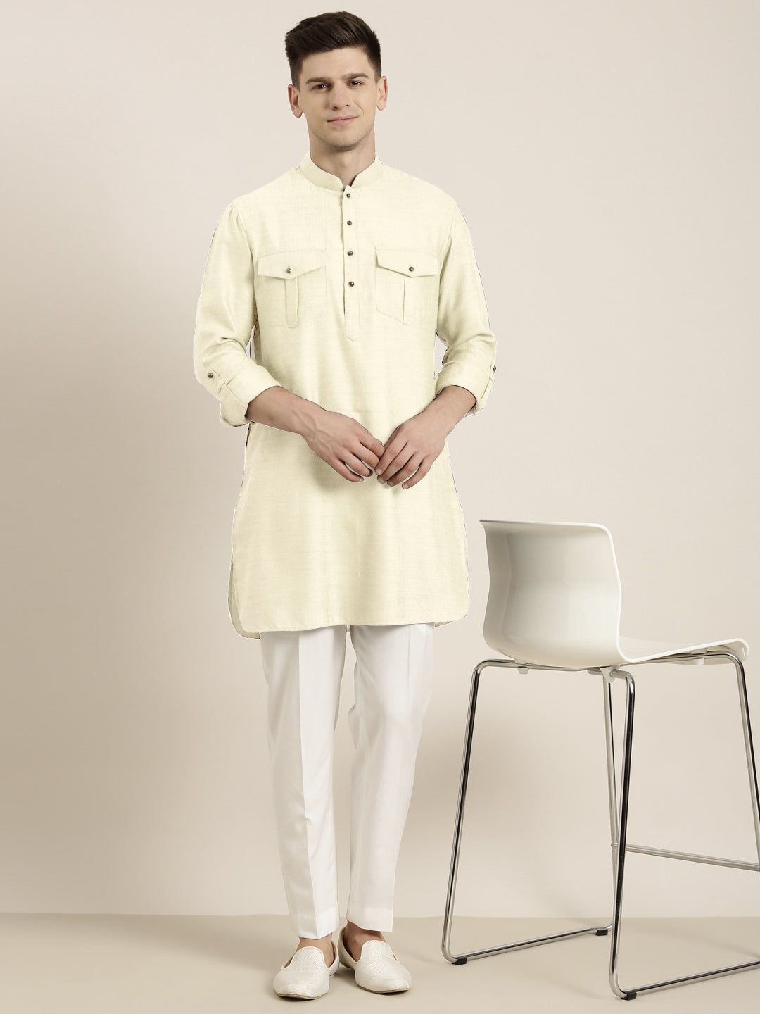 Cream cotton Short Pathani-XS/36 / Only Pathani - No Lowers
