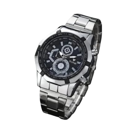 Thynk Chronograph-Style Analog Men's Watch ? Black Dial with Silver Stainless Steel Strap & Tachymeter Bezel