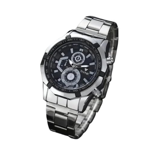 Thynk Chronograph-Style Analog Men's Watch ? Black Dial with Silver Stainless Steel Strap & Tachymeter Bezel