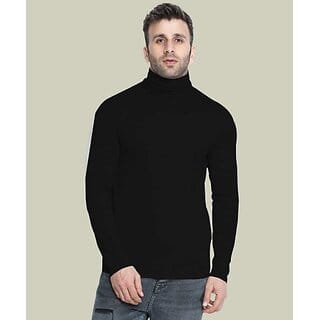 Fashlook Solid High Neck Cotton Blend Casual Black Full Sleeve T-Shirt For Mens