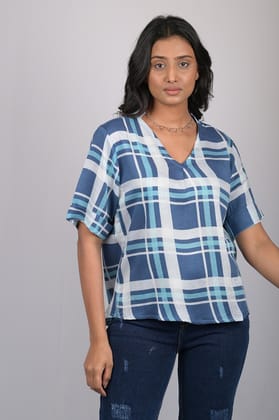 V-Neck Blue Checks Top (OTL-TPS1073)-Blue / S