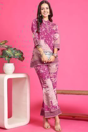 Pink Abstract Printed Chanderi Premium Co-Ord Set for Women | S-3XL | Claura-S