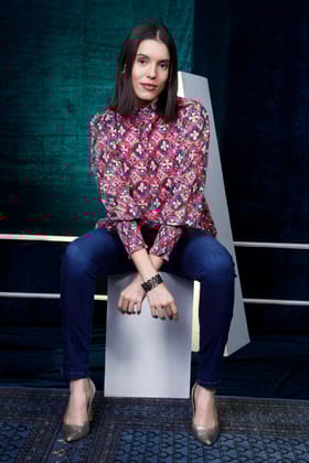 Pink digital print high neck top with smoking sleeves-M