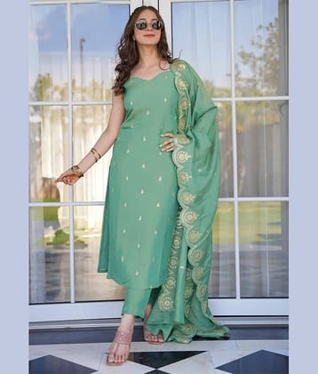 kedar fab Women Cotton Blend Embroidered A-line Kurti With Pants ( Sea Green )